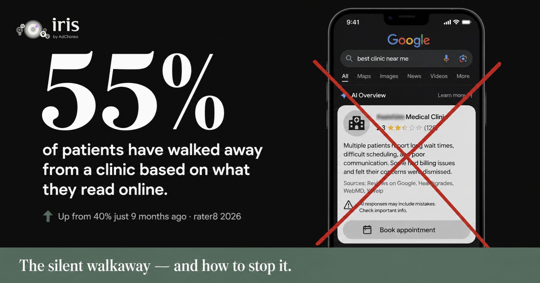 A patient walking away from a clinic after reading AI-provided information