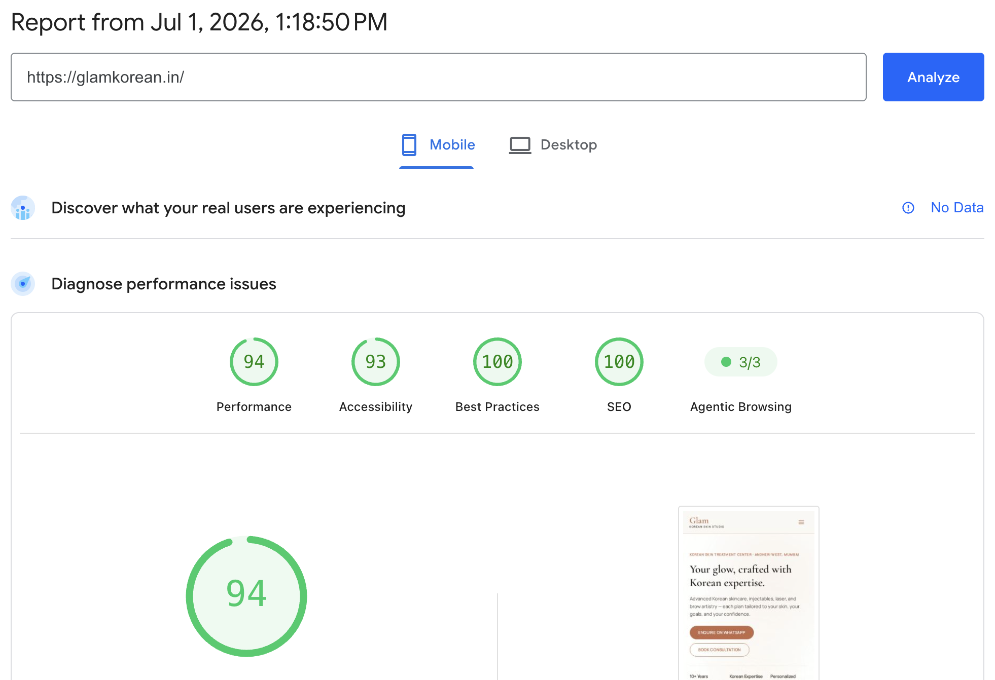 PageSpeed Insights mobile report for glamkorean.in showing 94 Performance, 93 Accessibility, 100 Best Practices, 100 SEO, and a 3/3 Agentic Browsing score